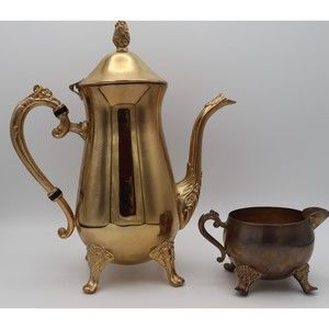 INTERNATIONAL SILVER CO. Teapot Set Gold Plated Clawfoot Hong Kong Vintage